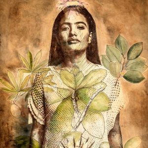 Manuala Lara KATHERIN LA GUAJIRA, COLOMBIA Van Dyke Brown photography printed on jute and cotton handcraft paper. Intervened with drawing, natural pigments, and oil painting. 39.3 x 27.4”/ 100 x 70 cm, 2019